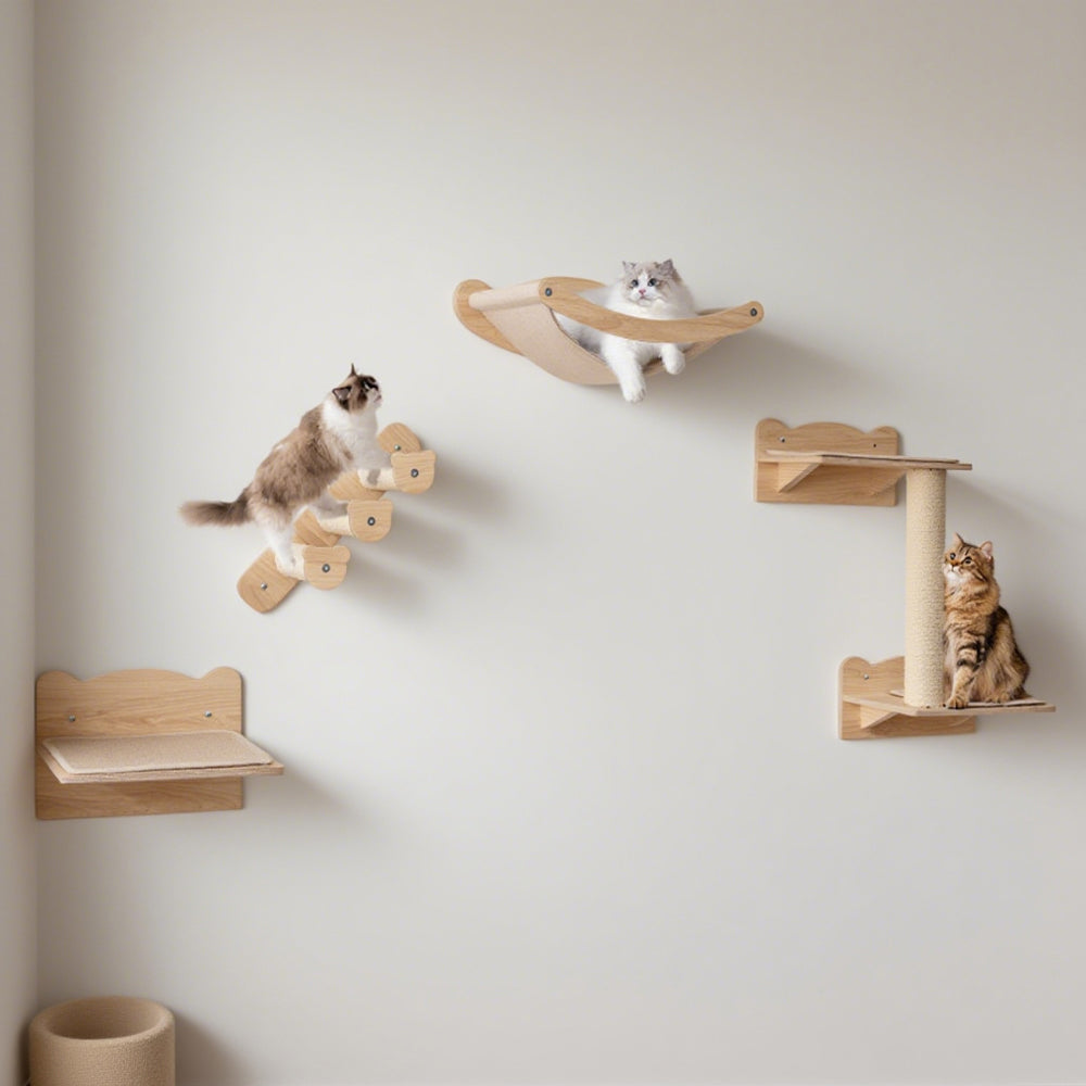 Elevé Cat Wall Suite – 4 Piece Wall Mounted Cat Furniture Set with Hammock, Perch & Climbing Steps for Modern Indoor Living
