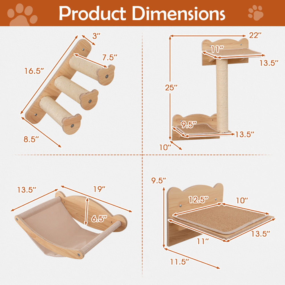 Elevé Cat Wall Suite – 4 Piece Wall Mounted Cat Furniture Set with Hammock, Perch & Climbing Steps for Modern Indoor Living