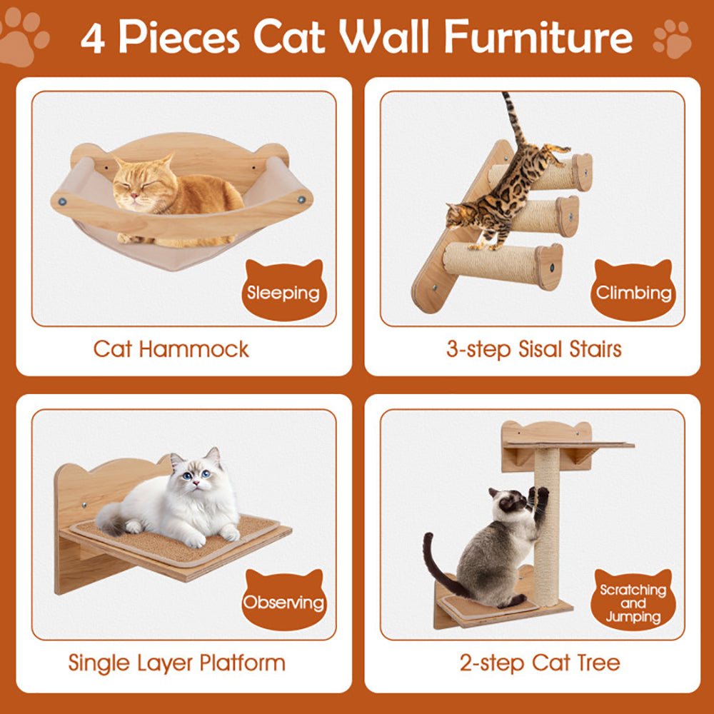Elevé Cat Wall Suite – 4 Piece Wall Mounted Cat Furniture Set with Hammock, Perch & Climbing Steps for Modern Indoor Living